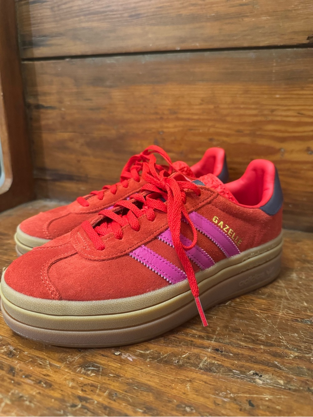 adidas Gazelle Platform Sneakers - Red with Pink Stripes